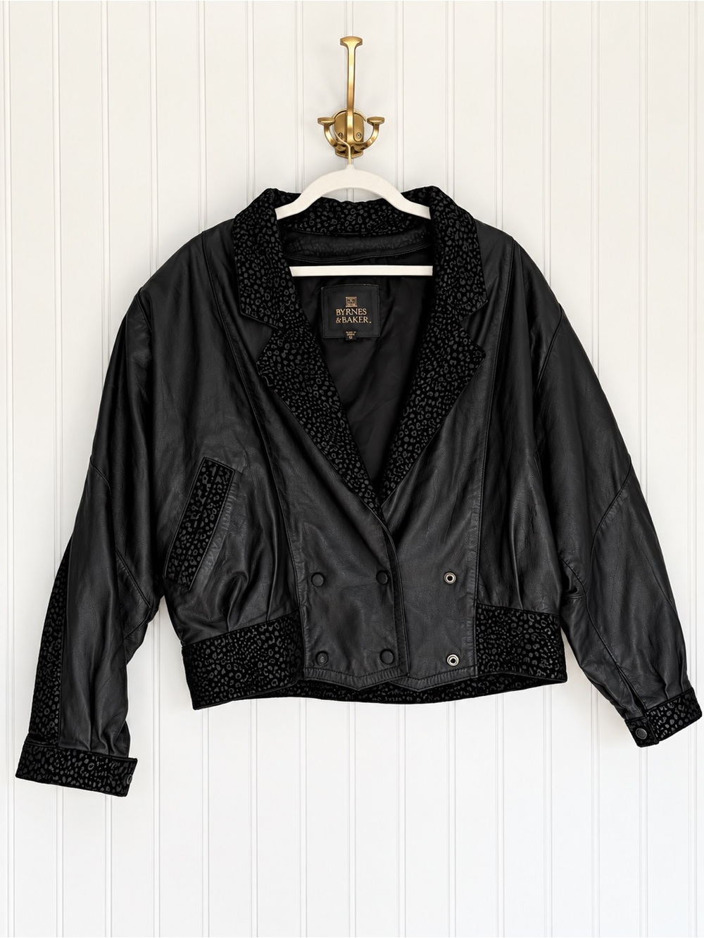 Vintage 80s Byrnes & Baker Black Leather Jacket S Leopard Dolman Cropped Bomber